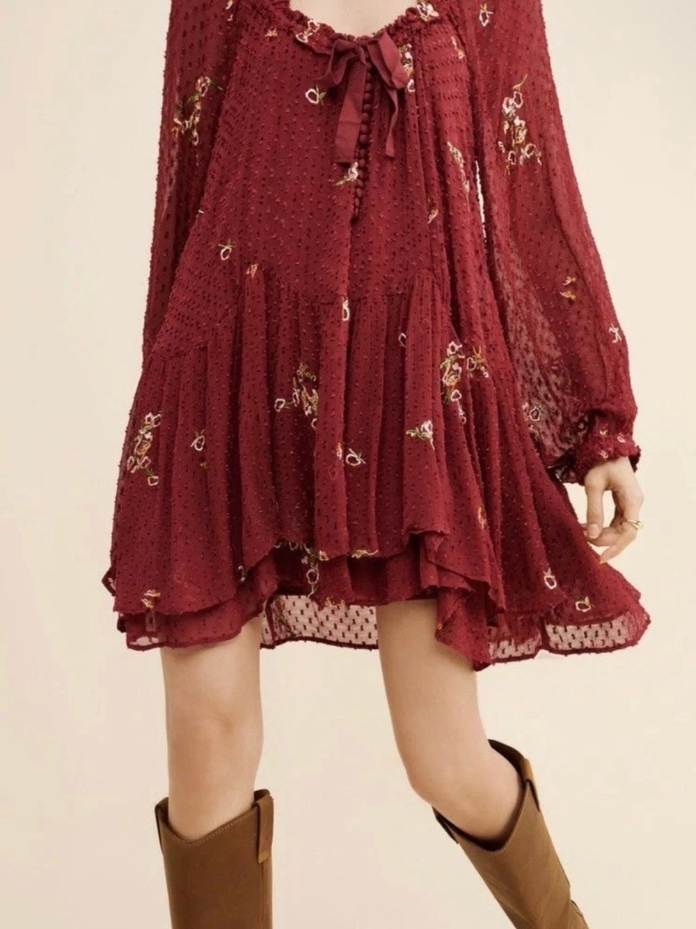 Free People Dainty Ethereal Billowy Garden Glory Mini Dress in Cabernet Medium